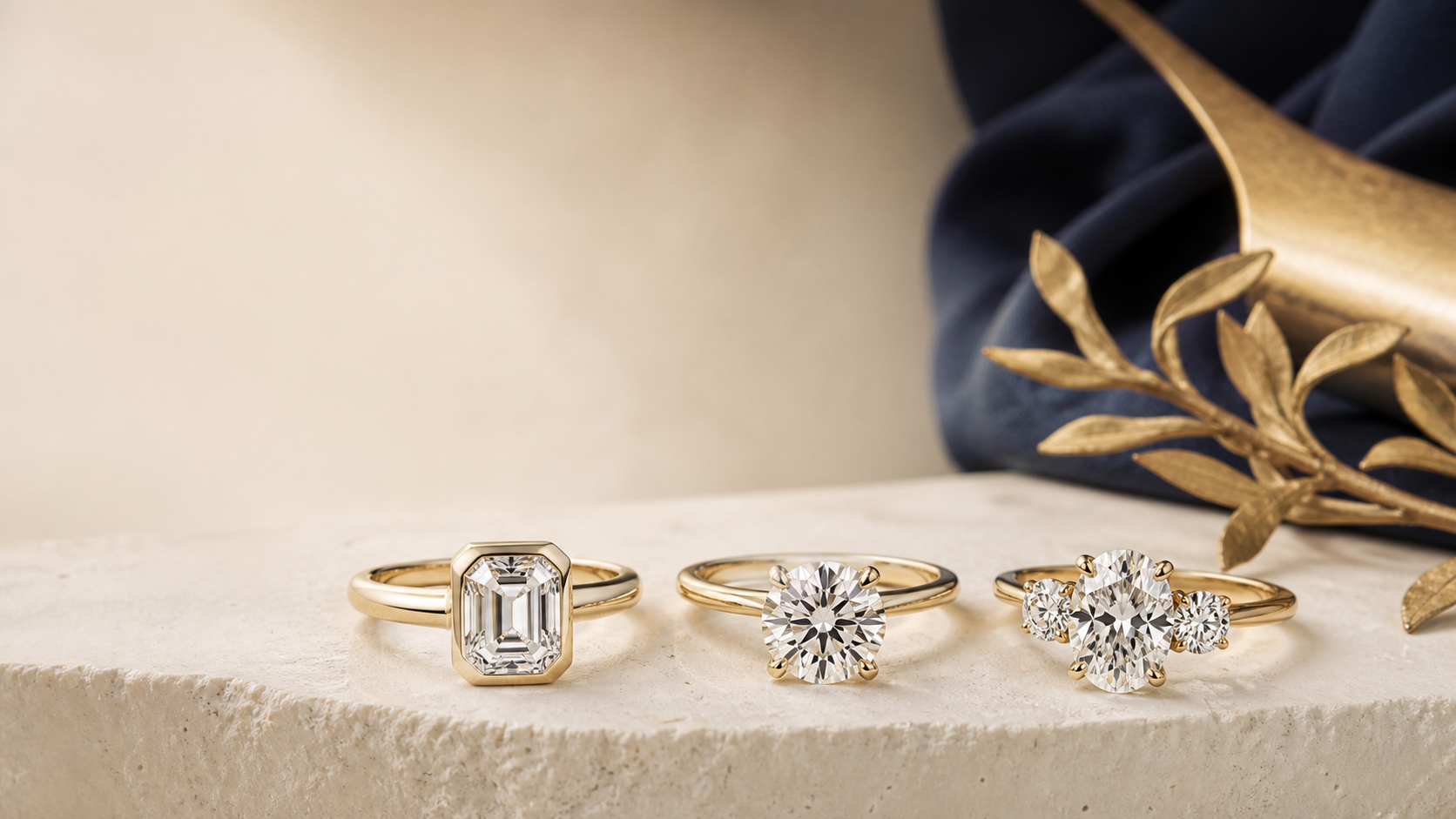 Editorial illustration of three engagement-ring styles on a stone surface