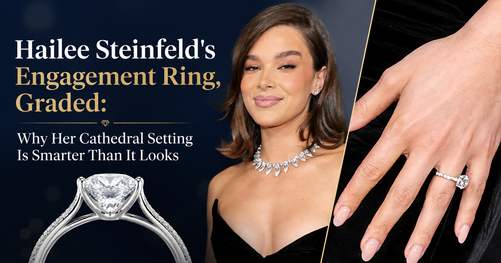 Round brilliant diamond engagement ring in a cathedral setting with pave band, inspired by Hailee Steinfeld's ring style