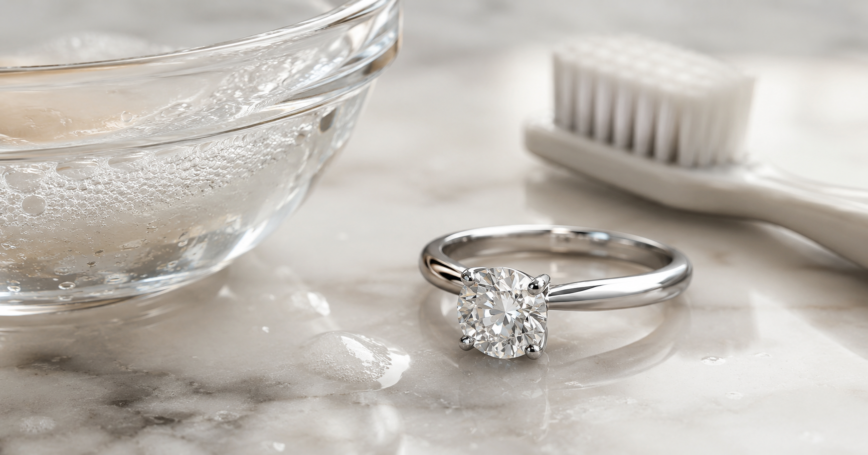 Lab-grown diamond ring being cleaned at home with a soft brush and warm soapy water