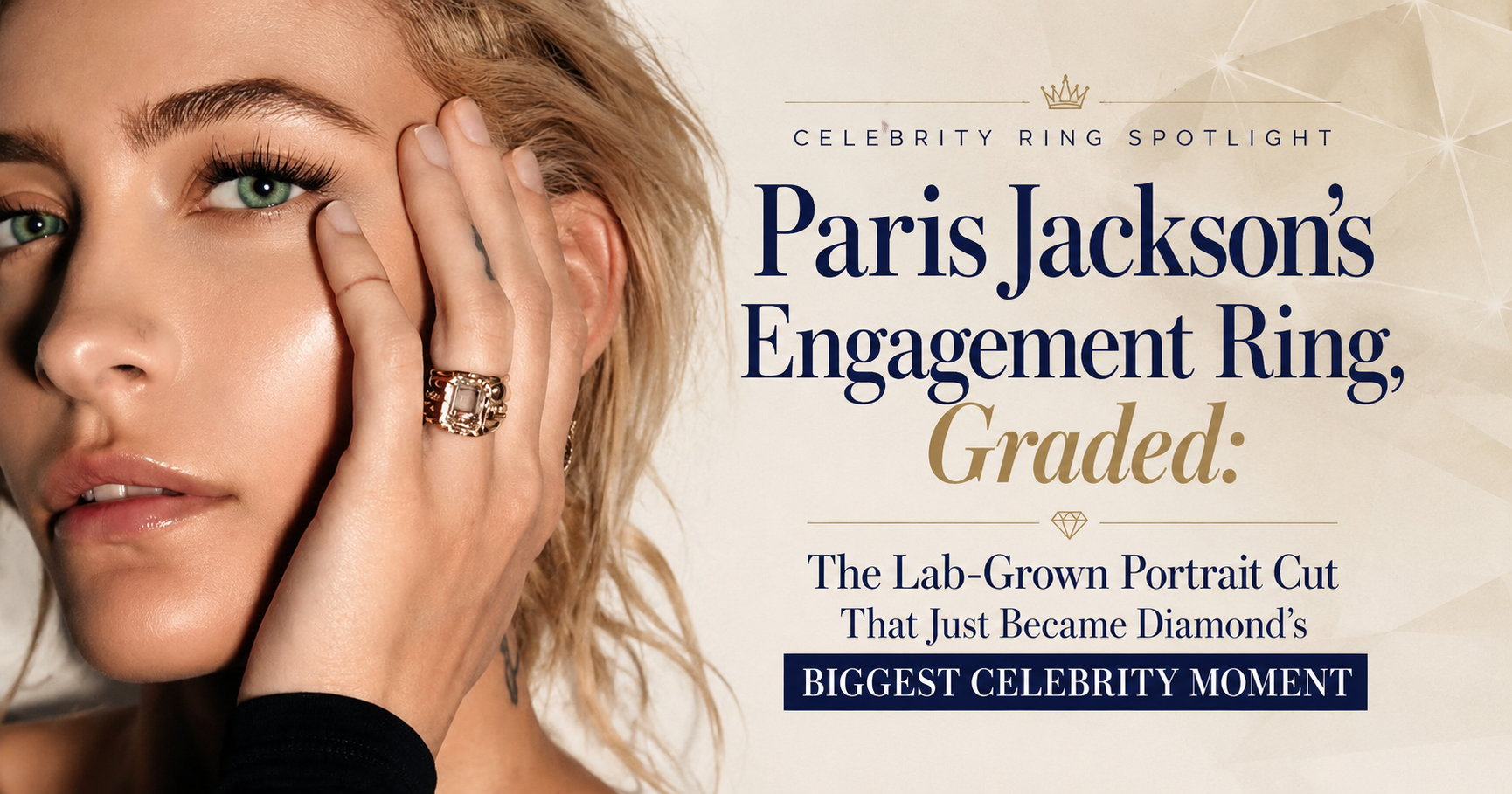 Lab-grown portrait-cut diamond engagement ring in yellow gold, similar in style to Paris Jackson's engagement ring