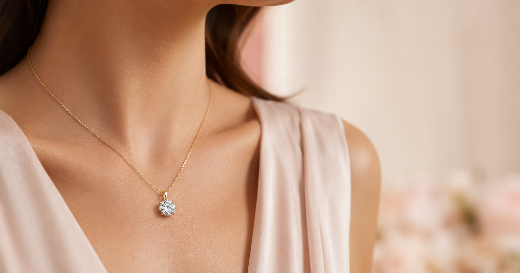 Lab-grown diamond solitaire pendant in 14K gold on a woman's collarbone, anniversary gift for wife