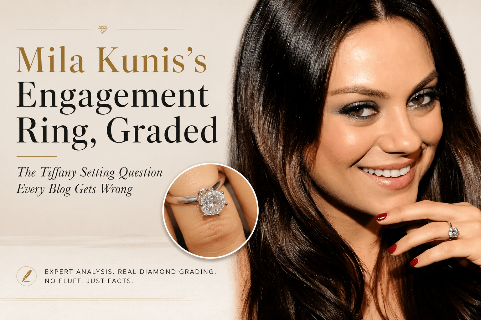 Round brilliant diamond solitaire engagement ring in platinum with semi-pave band, similar to Mila Kunis's engagement ring style
