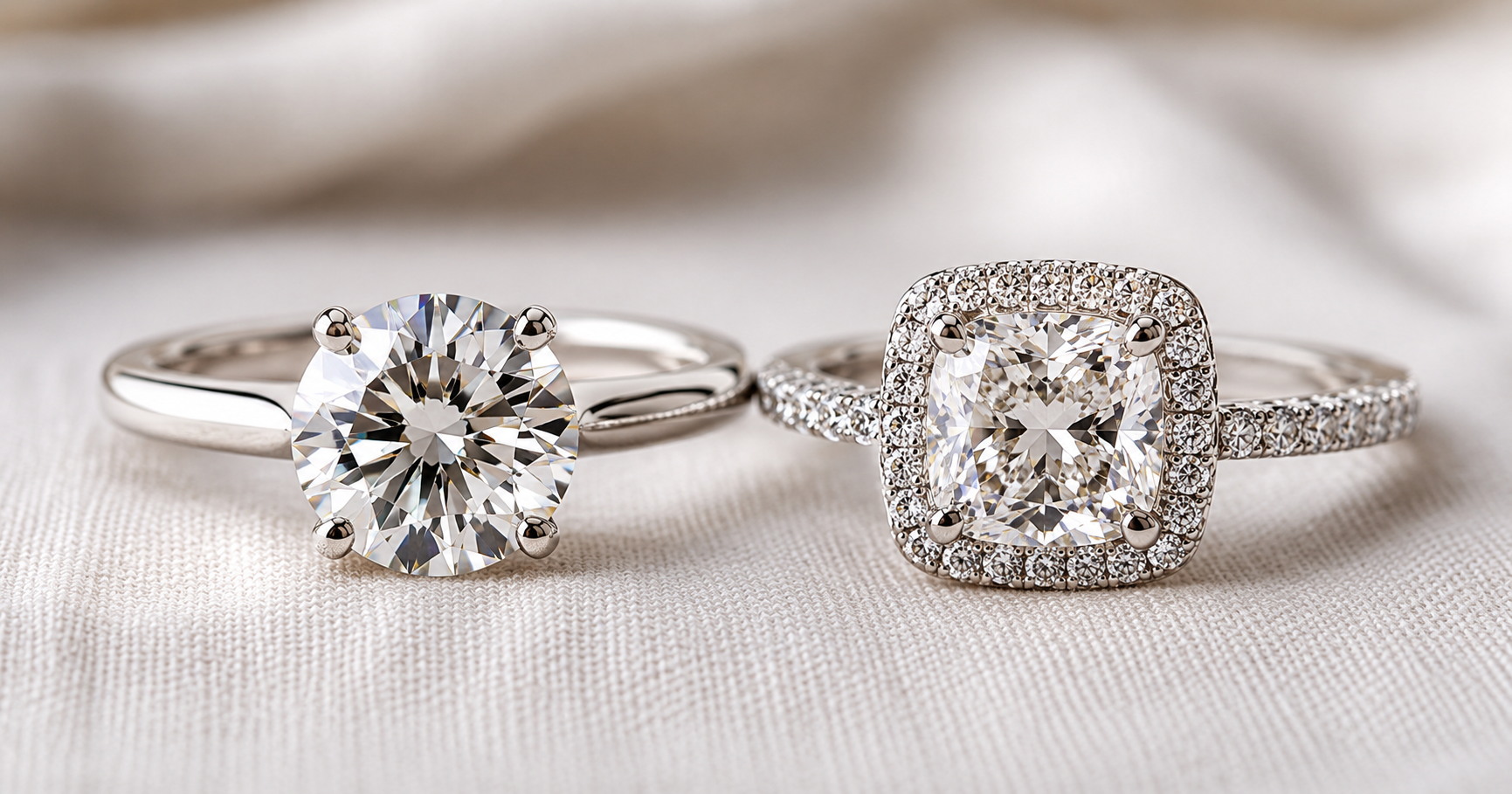 Round brilliant and cushion cut lab-grown diamond rings side by side showing sparkle difference