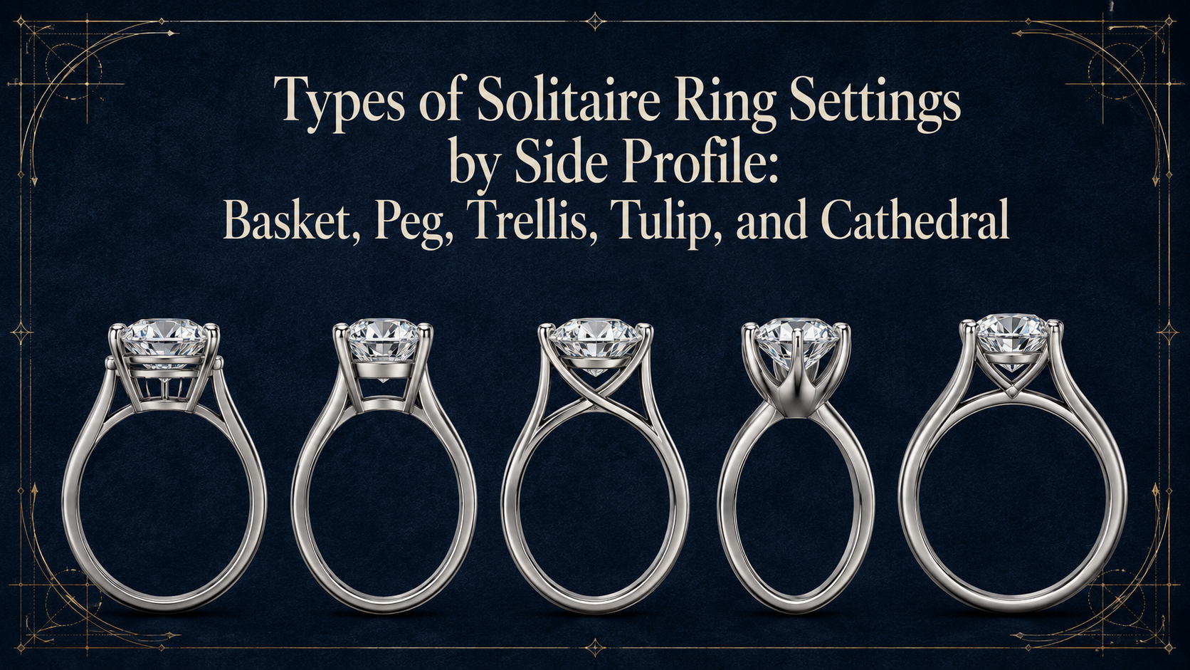 Title cover showing five solitaire ring side profiles: basket, peg, trellis, tulip, and cathedral
