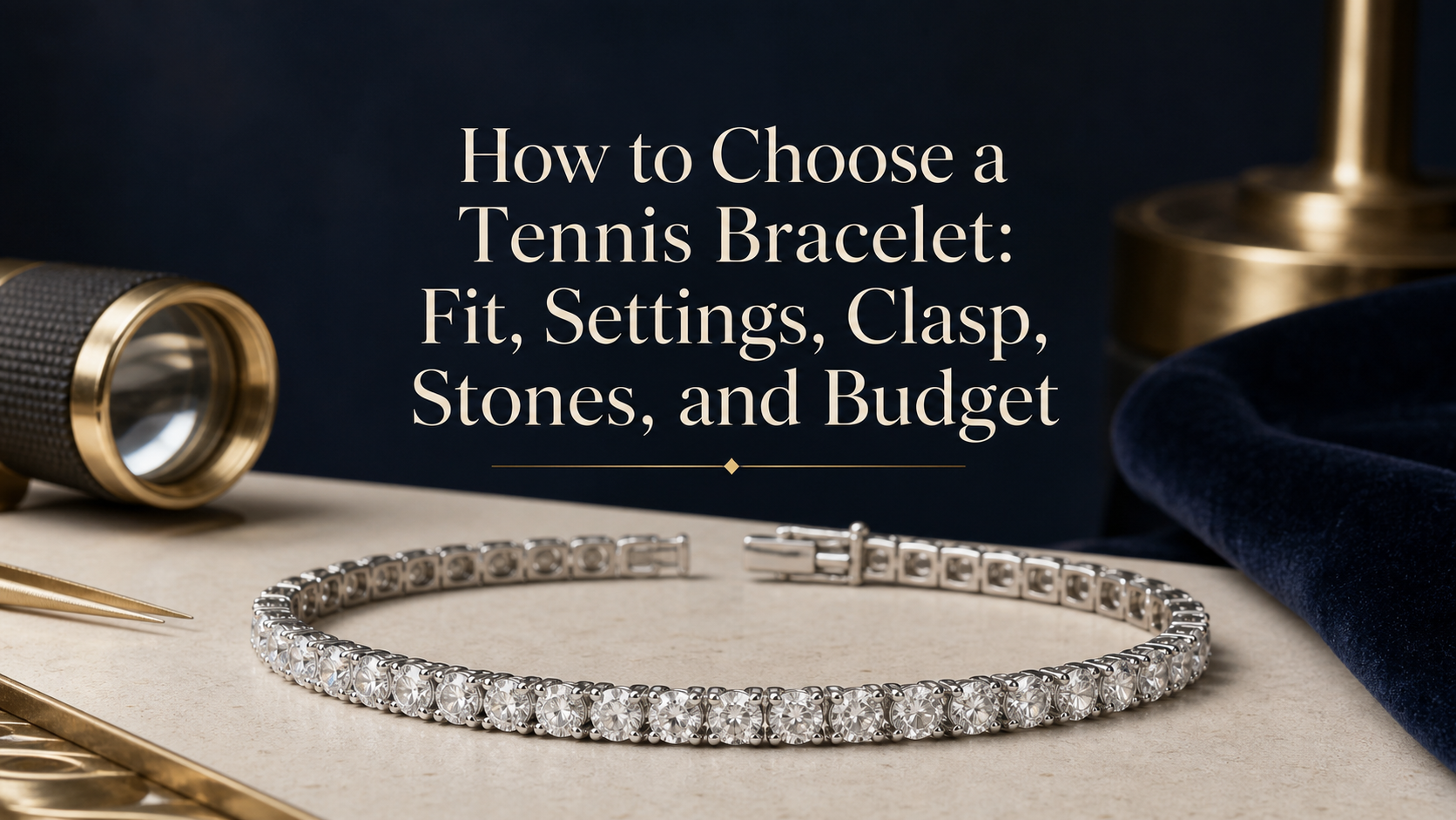 Open white-metal tennis bracelet on a gemologist's workbench beneath the title How to Choose a Tennis Bracelet: Fit, Settings, Clasp, Stones, and Budget