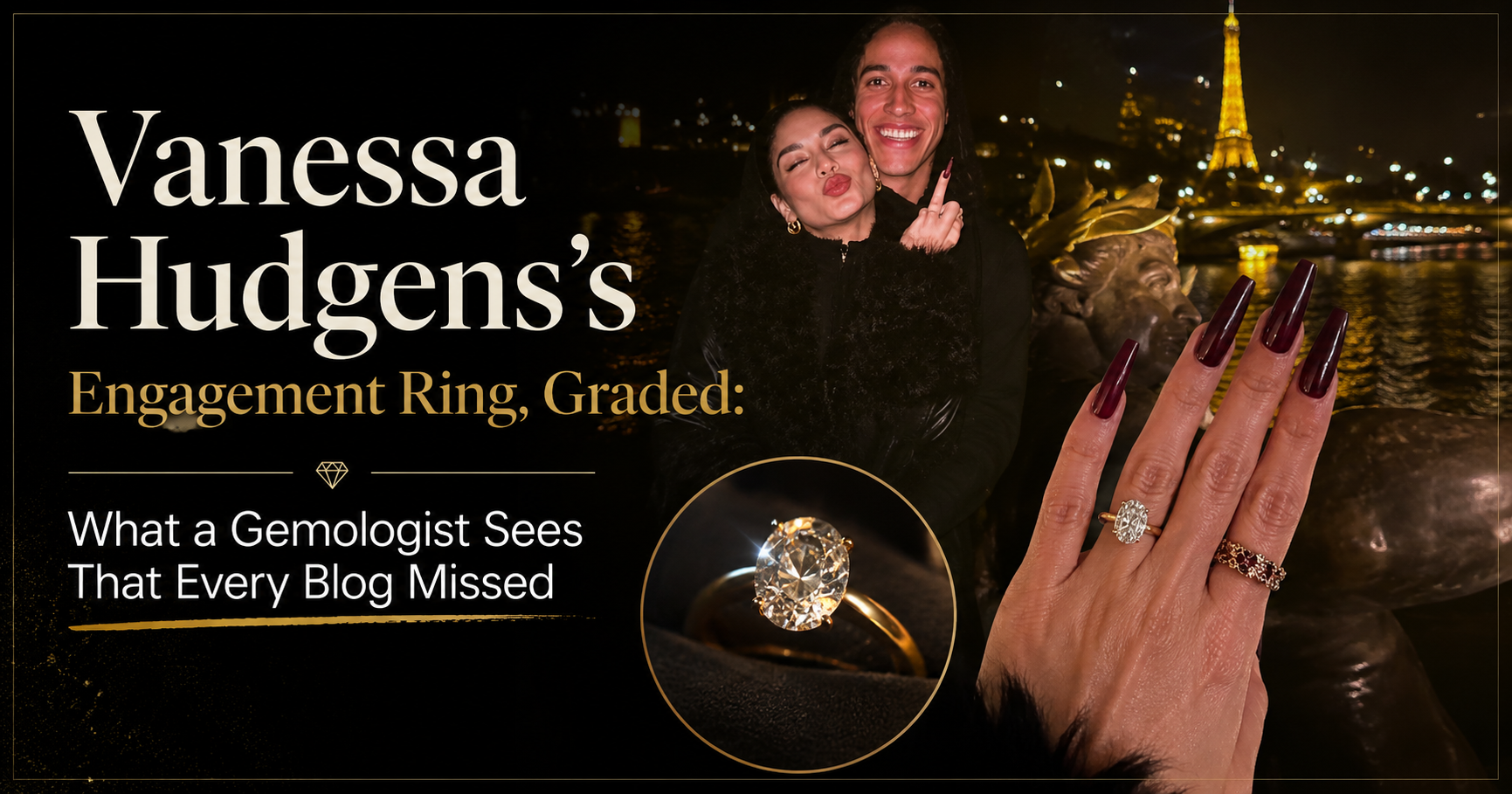 Oval cut diamond engagement ring on thin yellow gold band with pave under-halo, similar to Vanessa Hudgens's ring