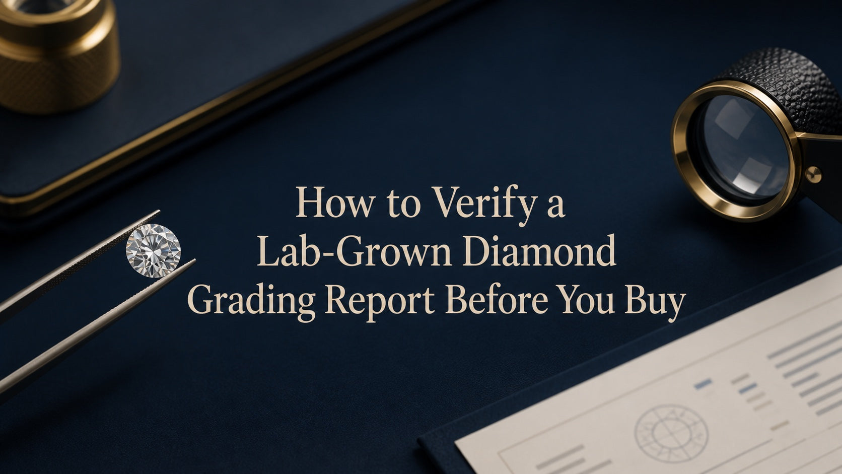 A loose diamond, jeweler's loupe, and generic grading worksheet beside the article title