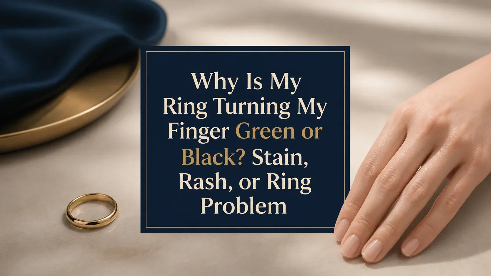 Plain gold ring beside a healthy hand with the title Why Is My Ring Turning My Finger Green or Black? Stain, Rash, or Ring Problem.
