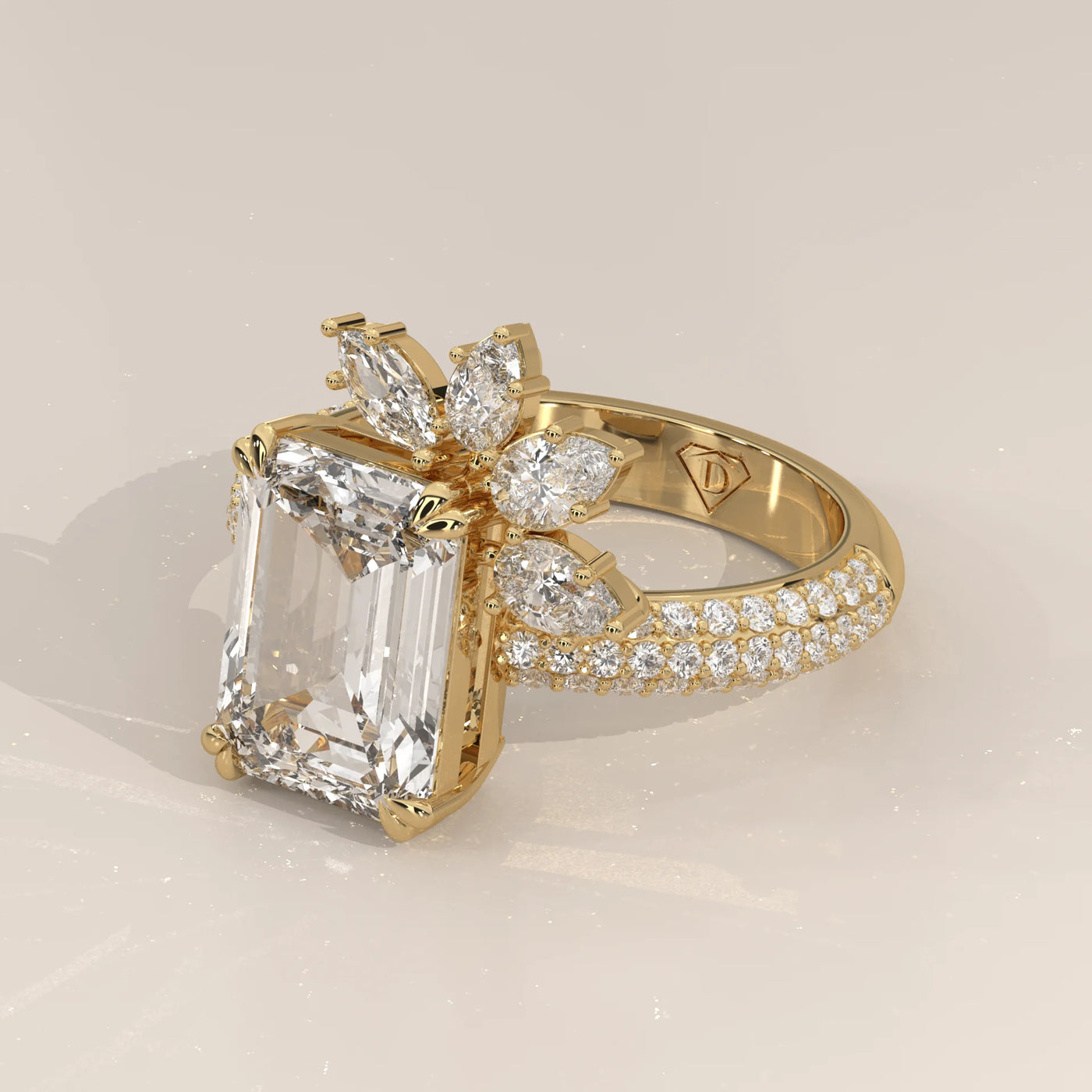 Angle View: Emerald Cut Diamond Ring with Cluster Setting in Yellow Gold – Lab Grown – Driona Jewels