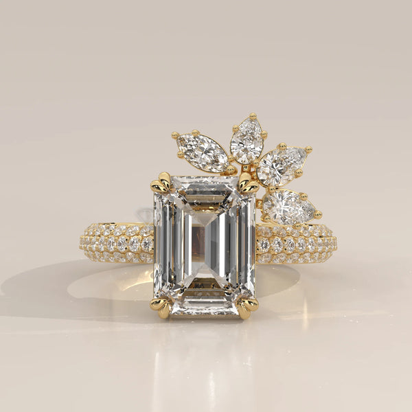 Side Profile: Emerald Cut Diamond Ring with Cluster Setting in Yellow Gold – Lab Grown – Driona Jewels