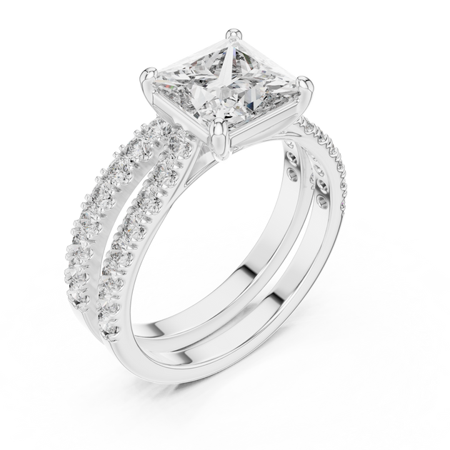 Princess Cut Diamond Engagement Ring With Double Pave Band