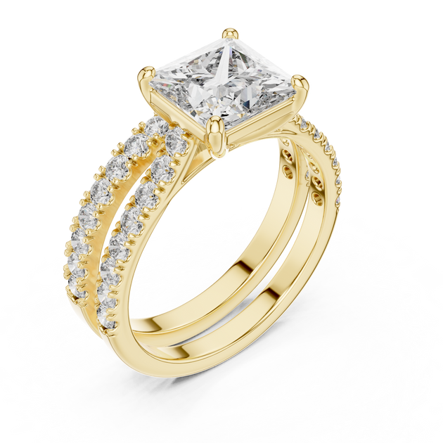 Princess Cut Diamond Engagement Ring With Double Pave Band