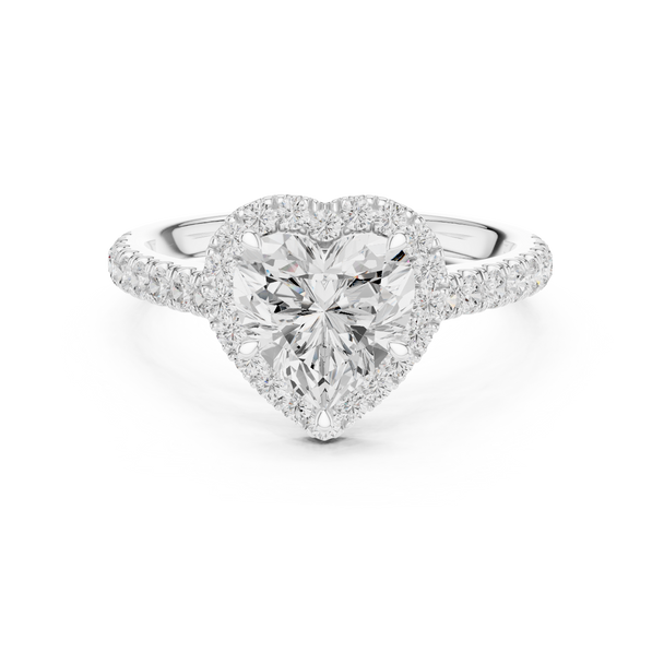 Heart Cut Diamond Halo Engagement Ring, Pavé Band, Solid Gold