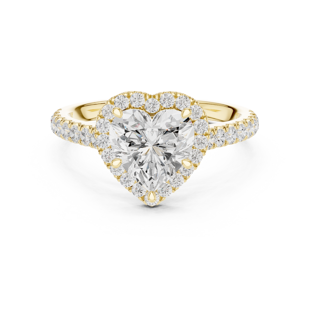 Heart Cut Diamond Halo Engagement Ring, Pavé Band, Solid Gold