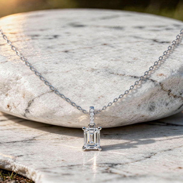 Emerald Cut Diamond Brilliant Sparkle Solitaire Pendant Necklace | Lab Grown Diamond Details | Driona Jewels