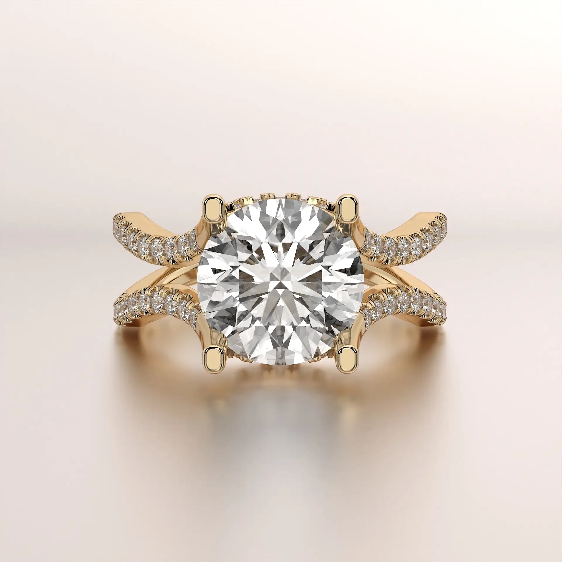 Yellow gold engagement ring with a large round center diamond and split pavé diamond bands.