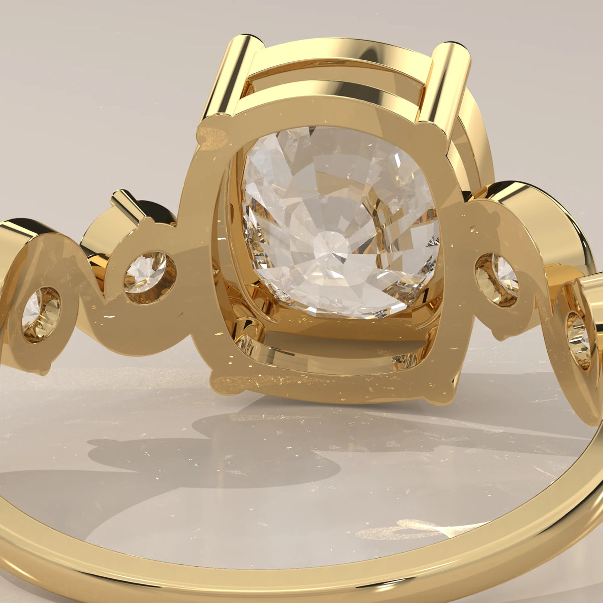 Aphsen 5 Carat Cushion Lab Grown Diamond Ring, Wave Bezel Band in yellow gold, shown on a plain background.