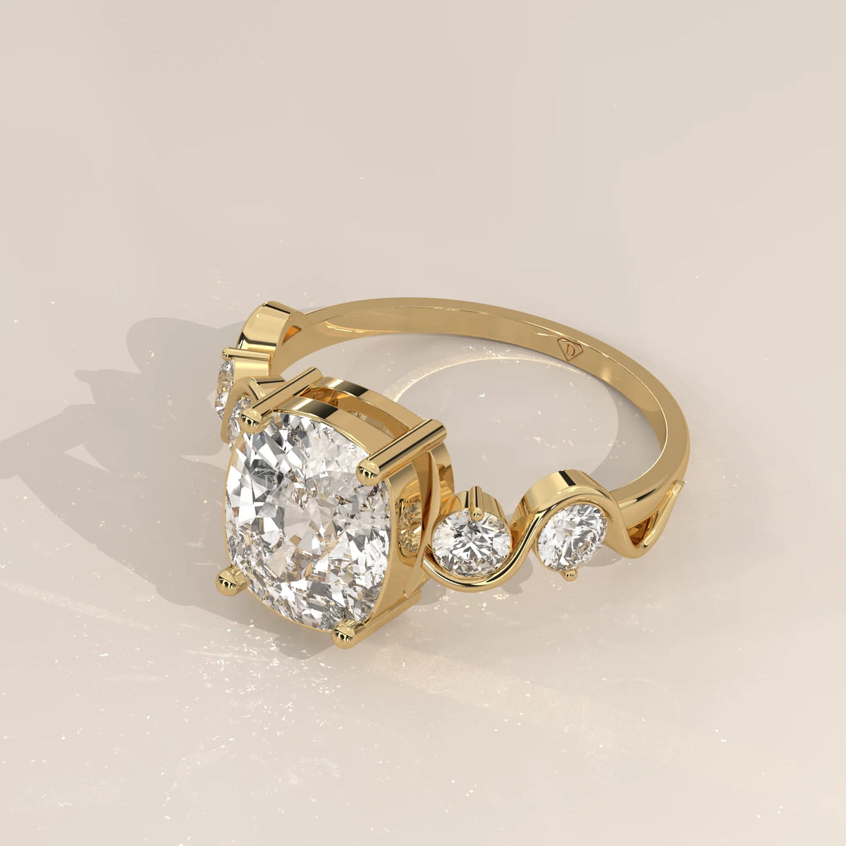 Aphsen 5 Carat Cushion Lab Grown Diamond Ring, Wave Bezel Band in yellow gold, shown at an angle.
