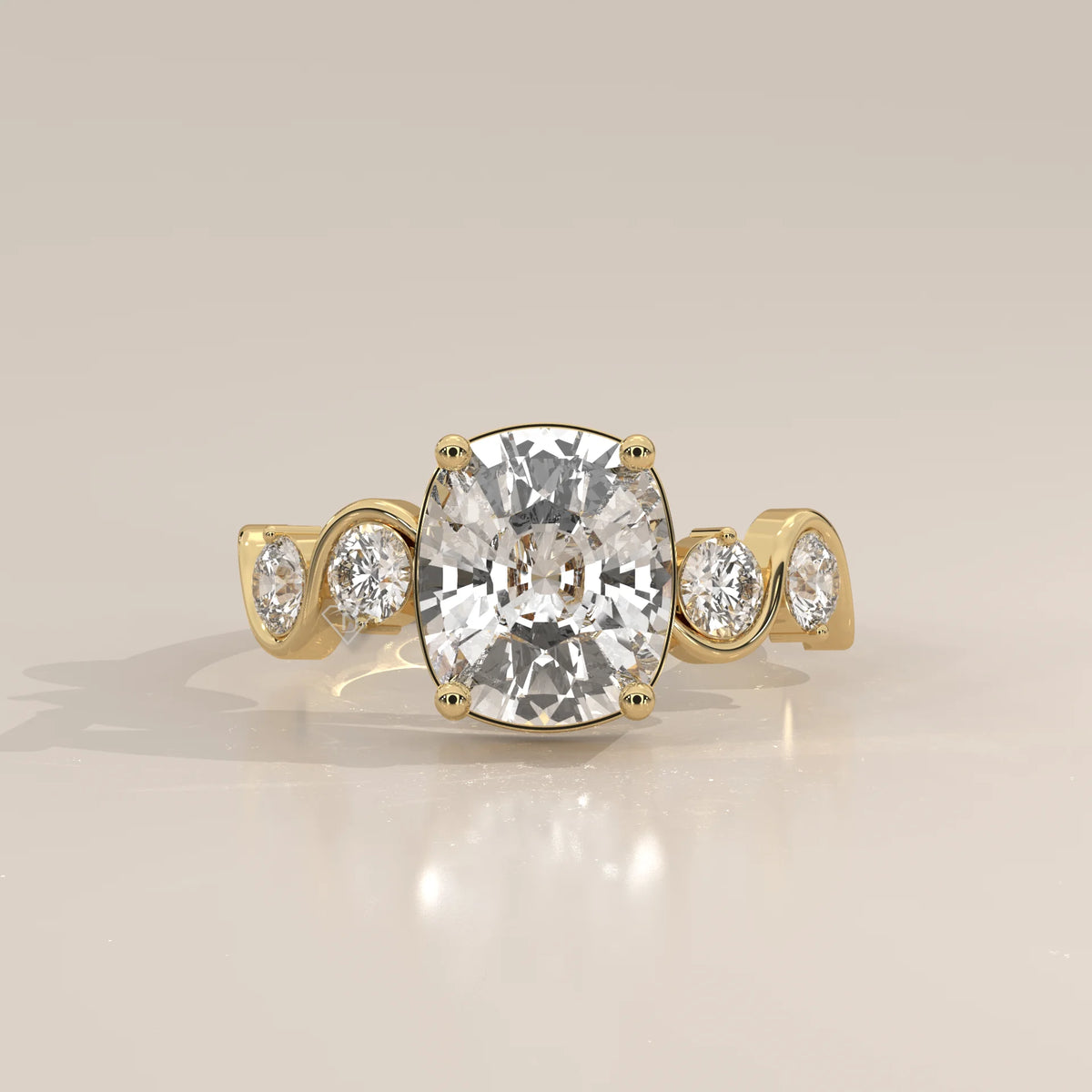Aphsen 5 Carat Cushion Lab Grown Diamond Ring, Wave Bezel Band in yellow gold, photographed head-on.