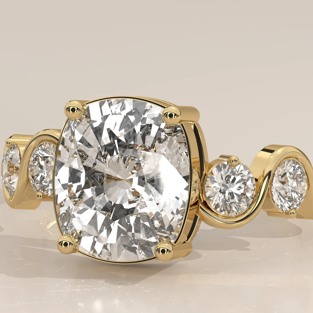 Aphsen 5 Carat Cushion Lab Grown Diamond Ring, Wave Bezel Band in yellow gold, front view on a plain background.