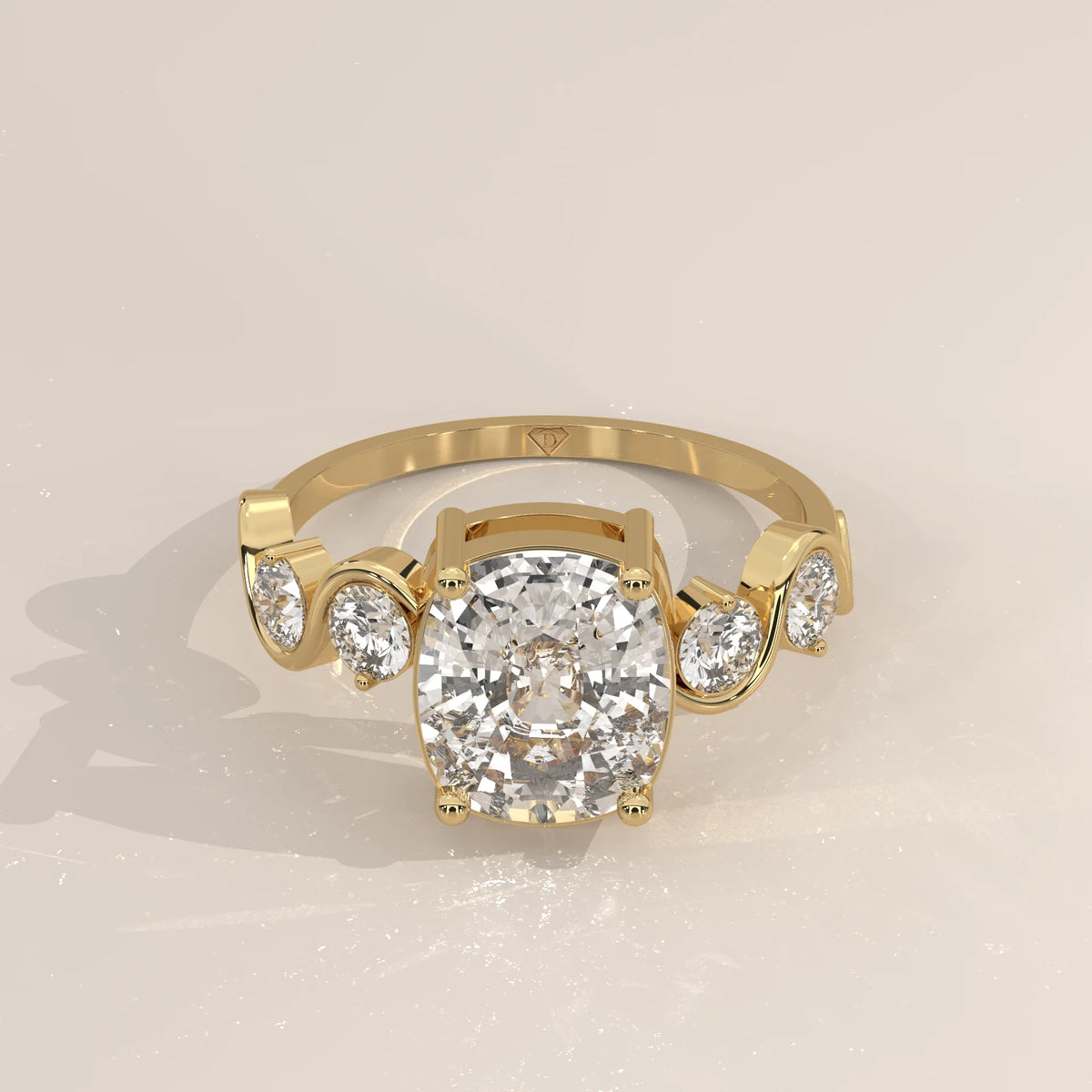 Aphsen 5 Carat Cushion Lab Grown Diamond Ring, Wave Bezel Band in yellow gold, shown from the front.