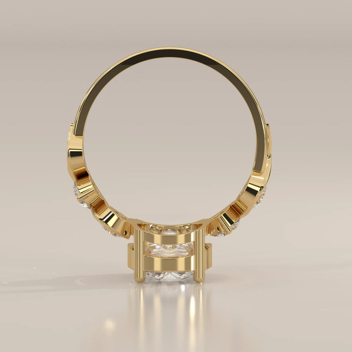 Aphsen 5 Carat Cushion Lab Grown Diamond Ring, Wave Bezel Band in yellow gold, side profile view.