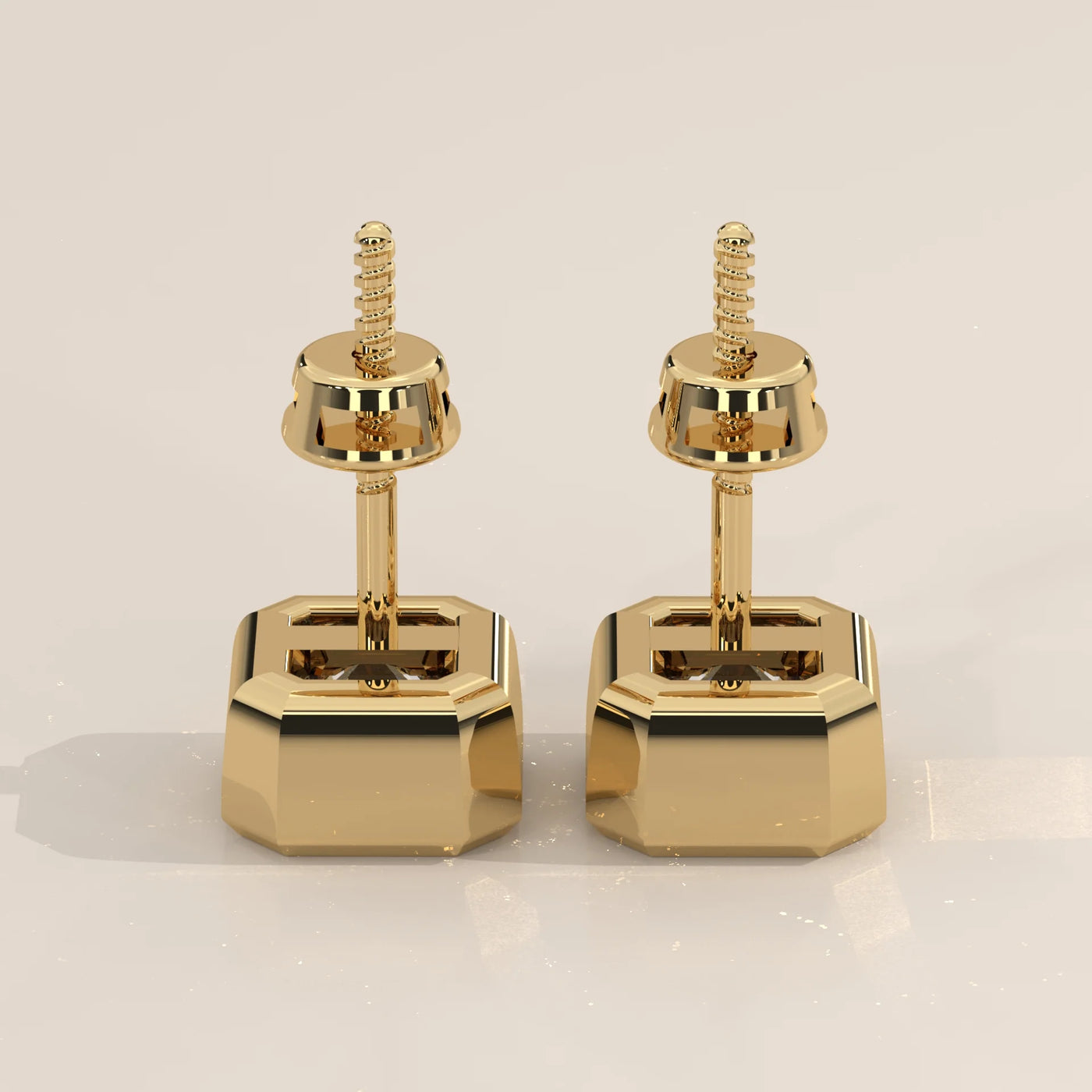 Angle View: Asscher Diamond Stud Earrings with Bezel Setting in Yellow Gold – Lab Grown – Driona Jewels
