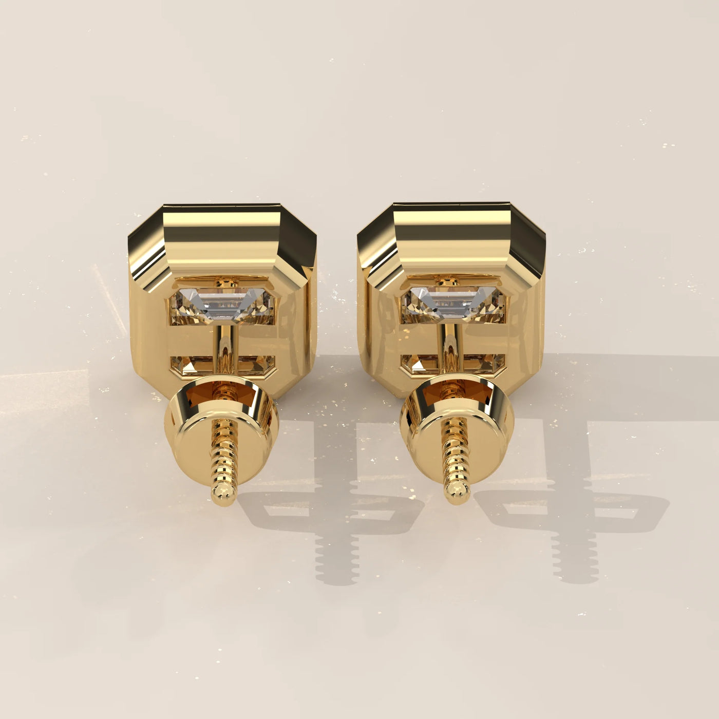 Back View: Asscher Diamond Stud Earrings with Bezel Setting in Yellow Gold – Lab Grown – Driona Jewels