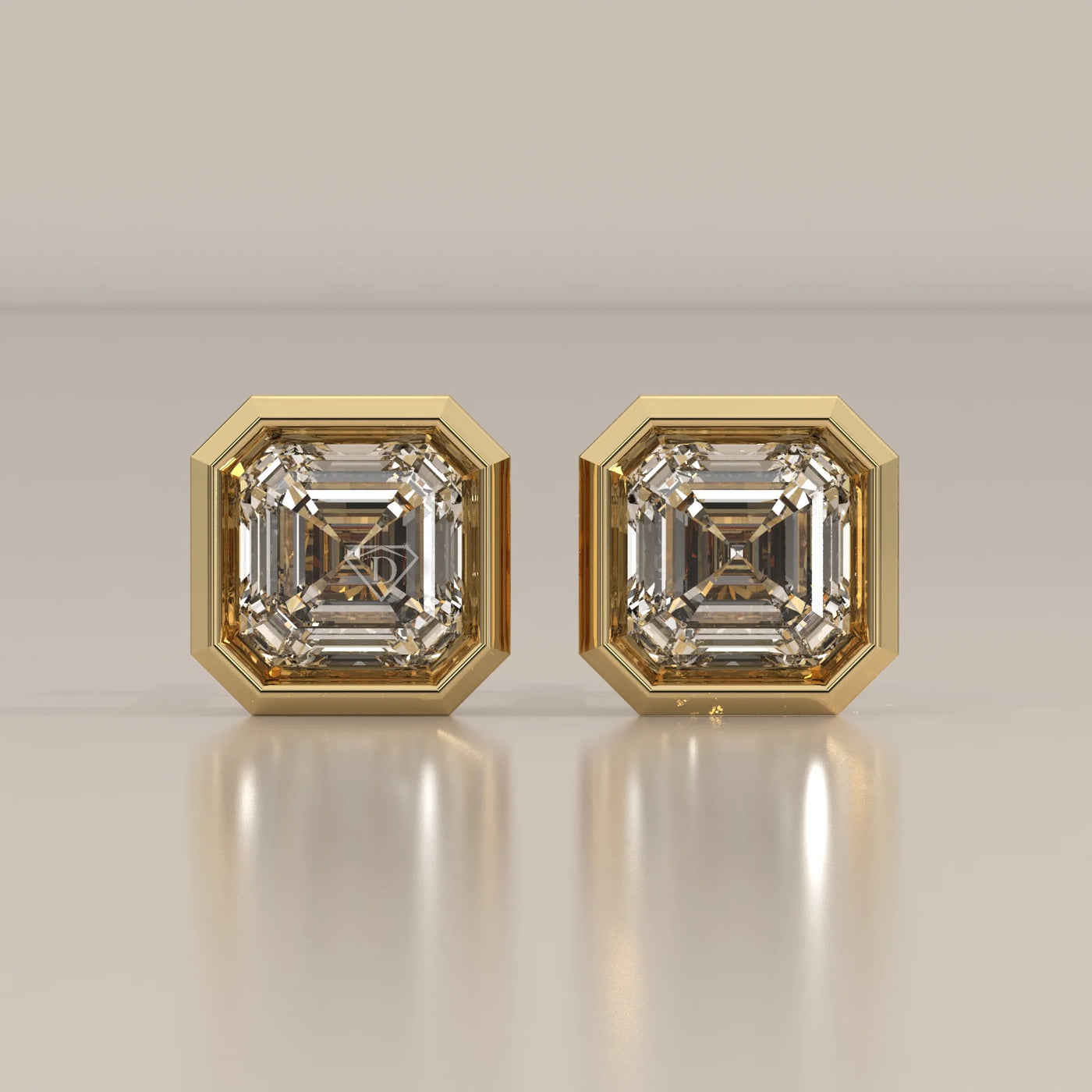 Front View: Asscher Diamond Stud Earrings with Bezel Setting in Yellow Gold – Lab Grown – Driona Jewels