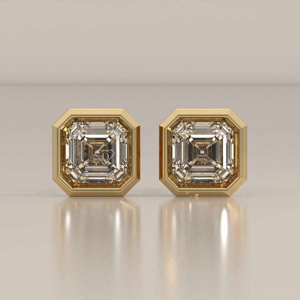 Front View: Asscher Diamond Stud Earrings with Bezel Setting in Yellow Gold – Lab Grown – Driona Jewels