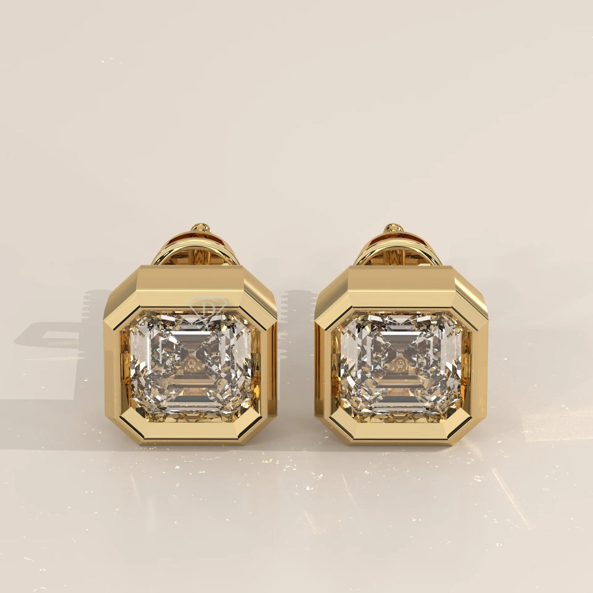 Pair Front View: Asscher Diamond Stud Earrings with Bezel Setting in Yellow Gold – Lab Grown – Driona Jewels