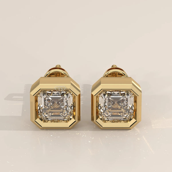 Pair Front View: Asscher Diamond Stud Earrings with Bezel Setting in Yellow Gold – Lab Grown – Driona Jewels