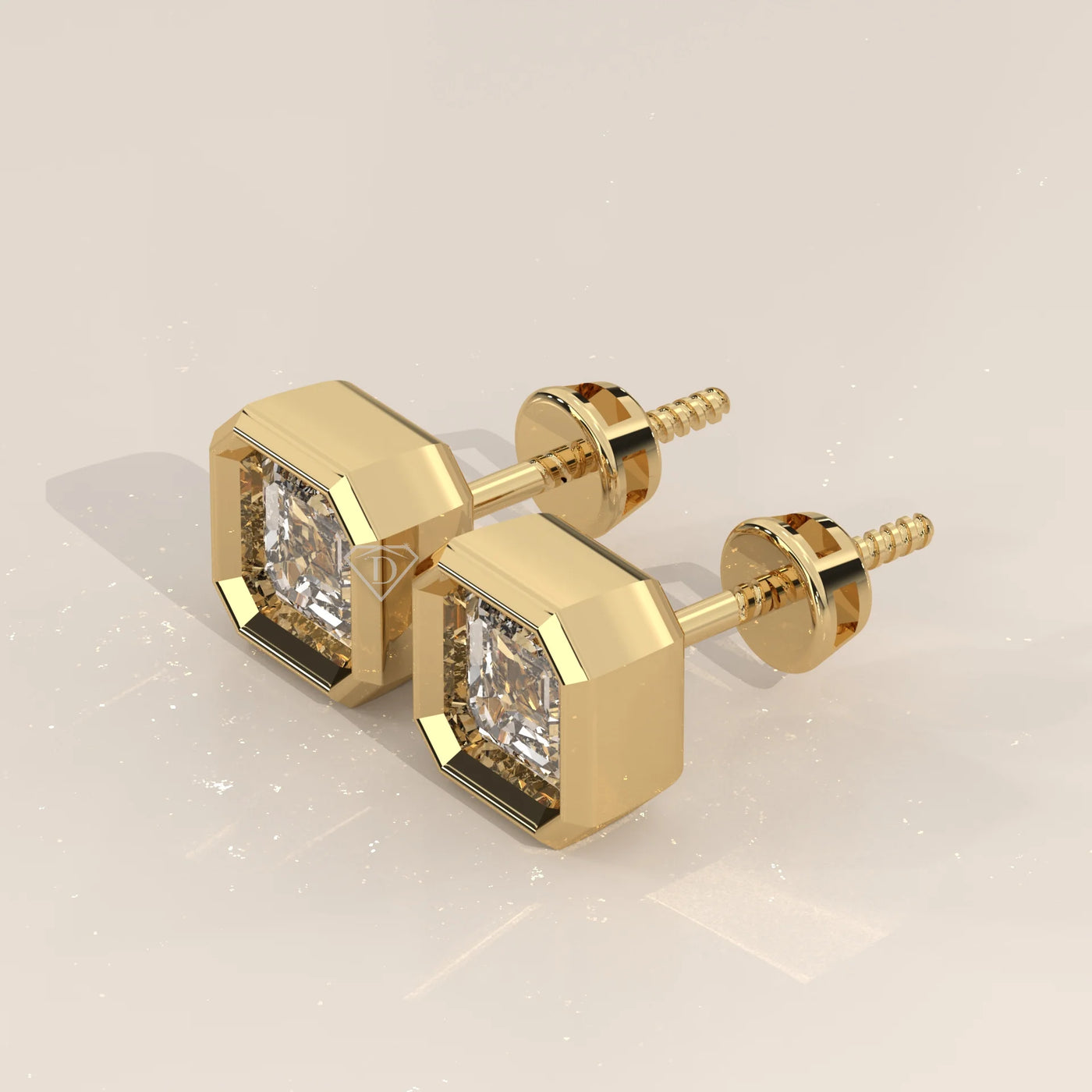 Three-Quarter View: Asscher Diamond Stud Earrings with Bezel Setting in Yellow Gold – Lab Grown – Driona Jewels