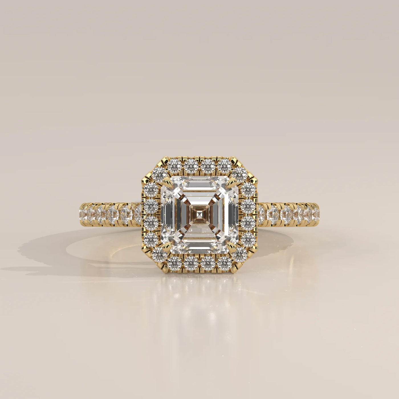 Side Profile: Asscher Diamond Engagement Ring with Halo Setting in Yellow Gold – Lab Grown – Driona Jewels