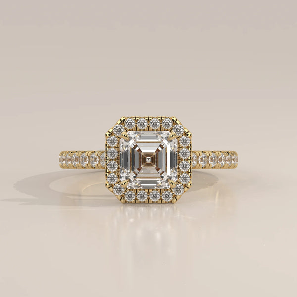Side Profile: Asscher Diamond Engagement Ring with Halo Setting in Yellow Gold – Lab Grown – Driona Jewels