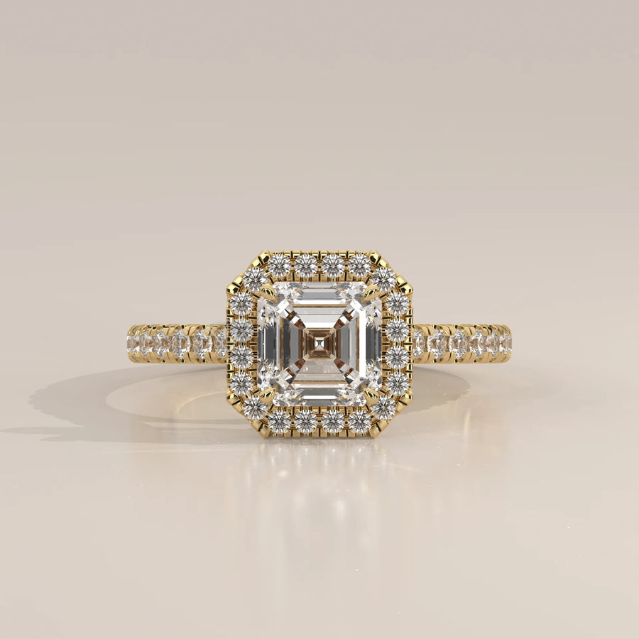 Side Profile: Asscher Diamond Engagement Ring with Halo Setting in Yellow Gold – Lab Grown – Driona Jewels