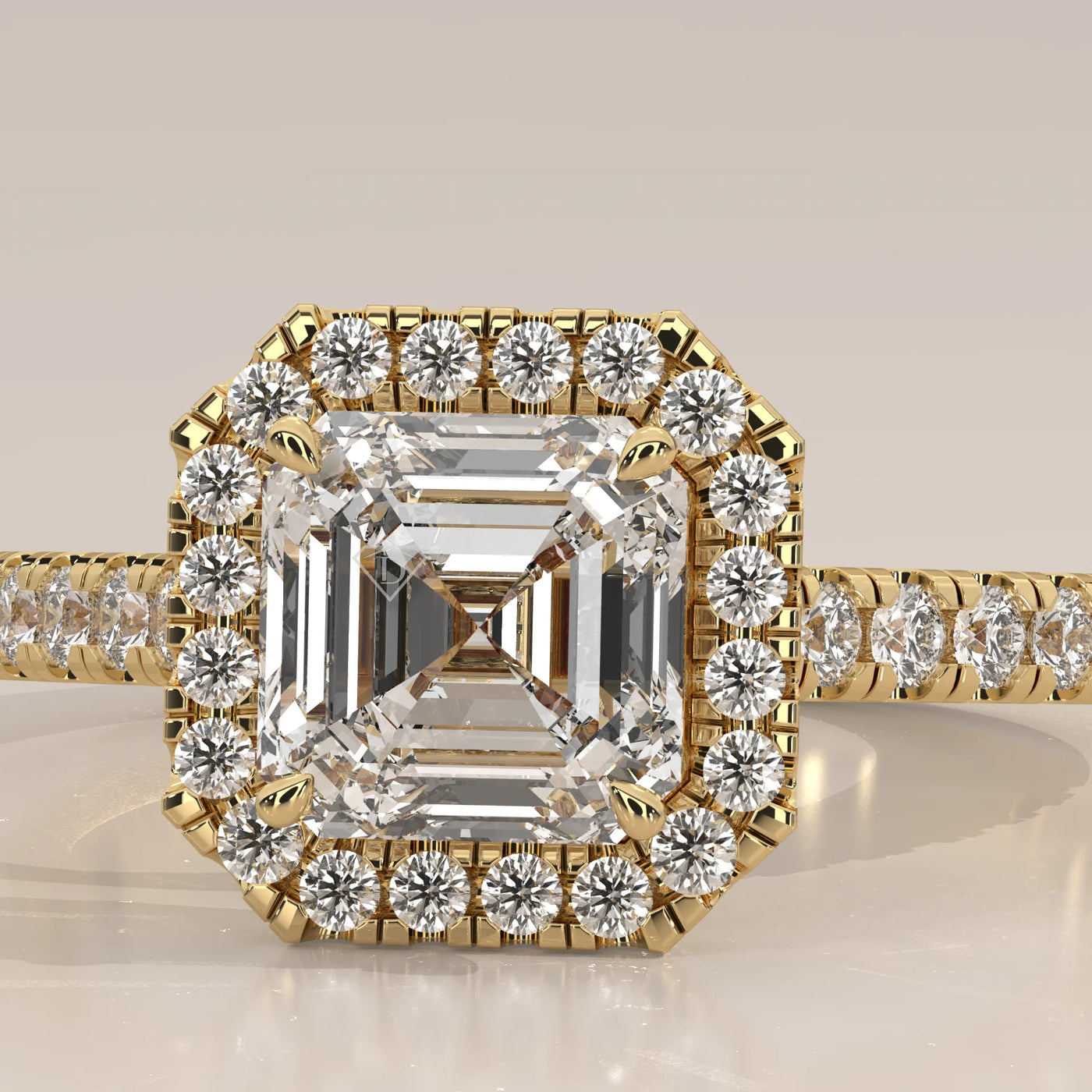 Stone Detail: Asscher Lab Grown Diamonds in Halo Setting – Yellow Gold – Driona Jewels