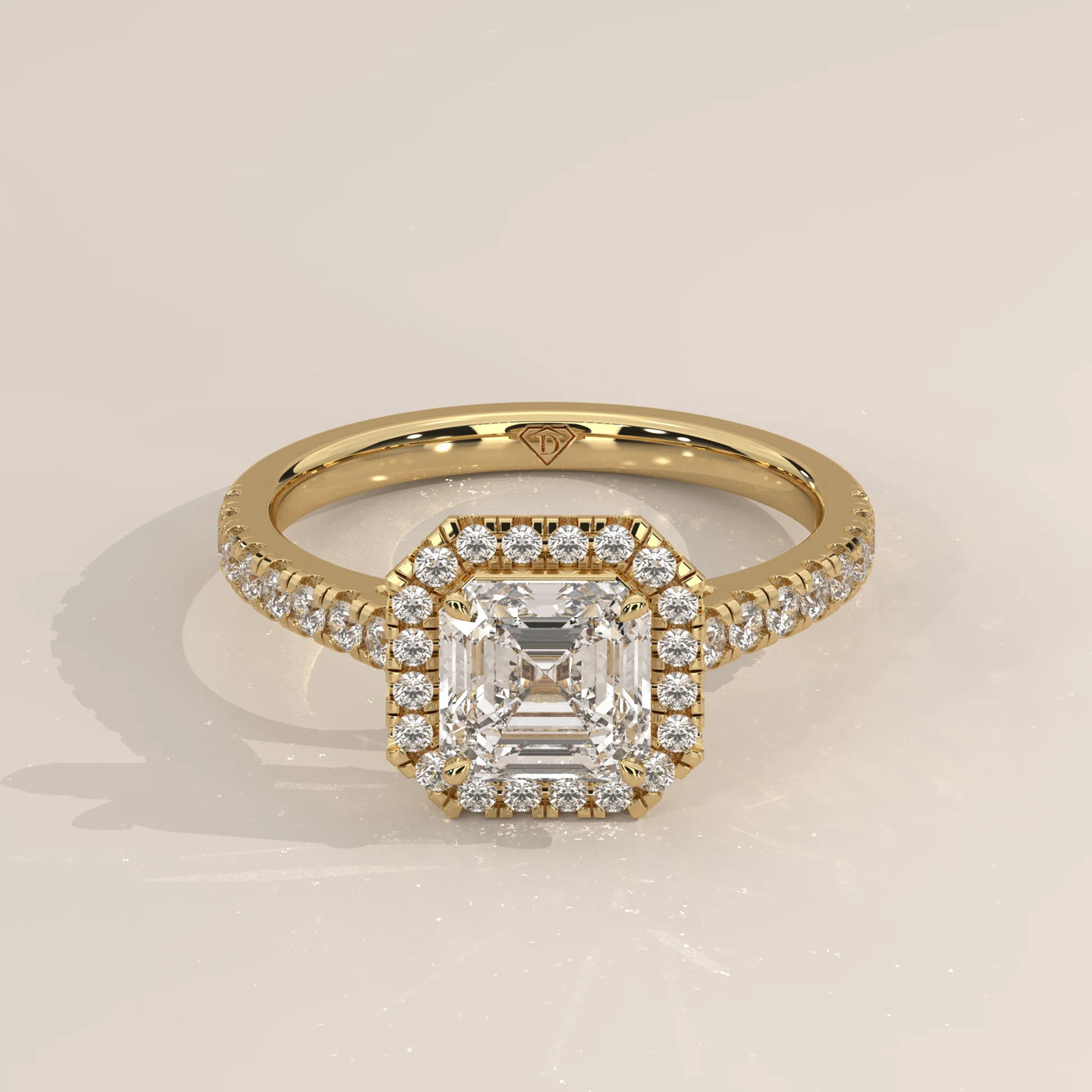 Three-Quarter View: Asscher Diamond Engagement Ring with Halo Setting in Yellow Gold – Lab Grown – Driona Jewels