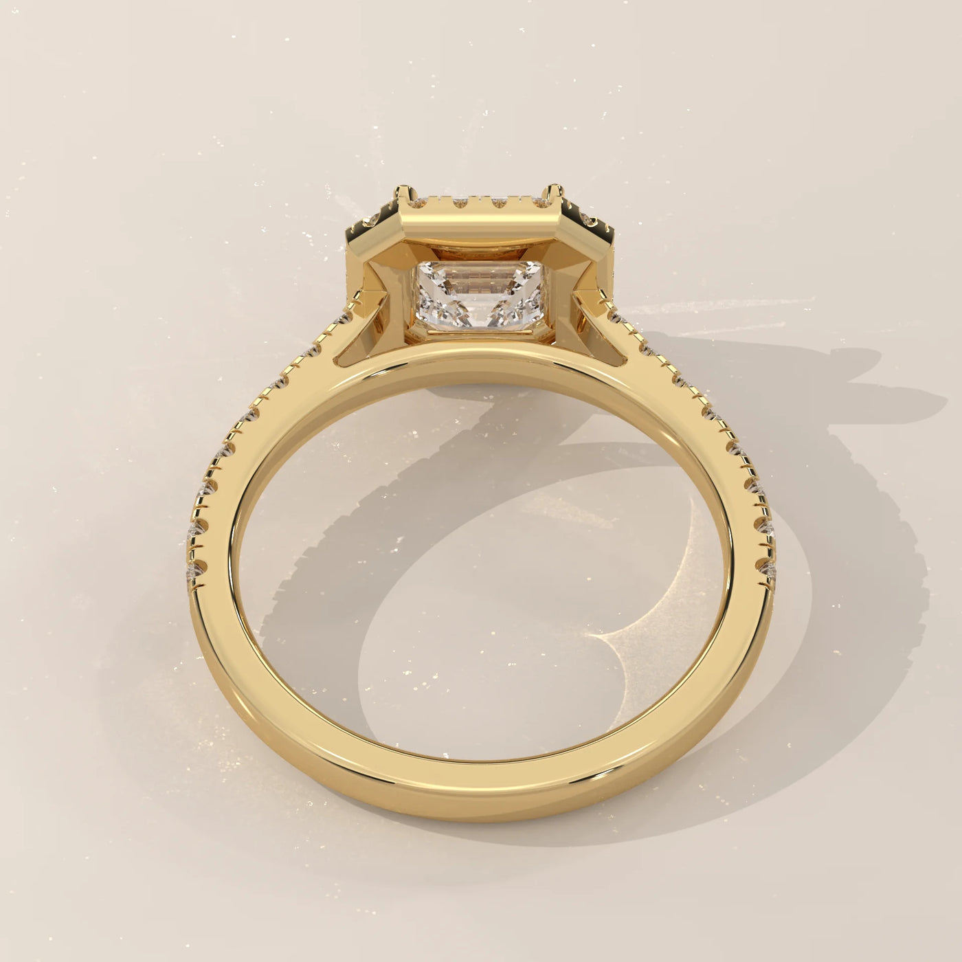 Top View: Asscher Diamond Engagement Ring with Halo Setting in Yellow Gold – Lab Grown – Driona Jewels