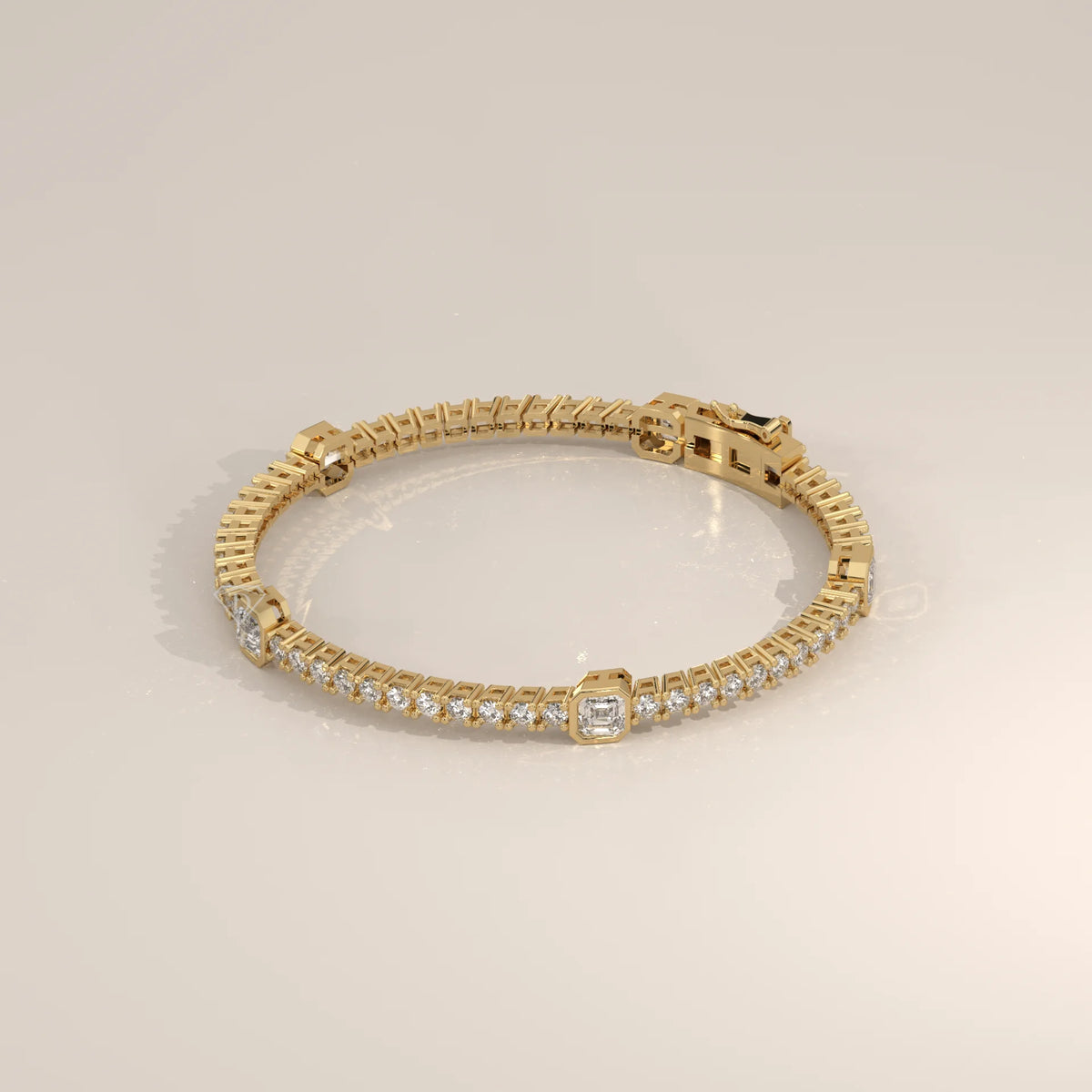 Asscher Station Lab Grown Diamond Tennis Bracelet with Round Line in yellow gold, shown at an angle.