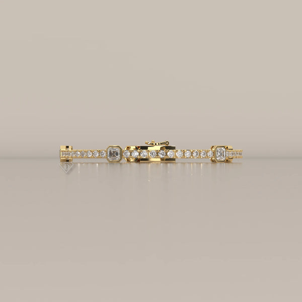 Asscher Station Lab Grown Diamond Tennis Bracelet with Round Line in yellow gold, photographed head-on.