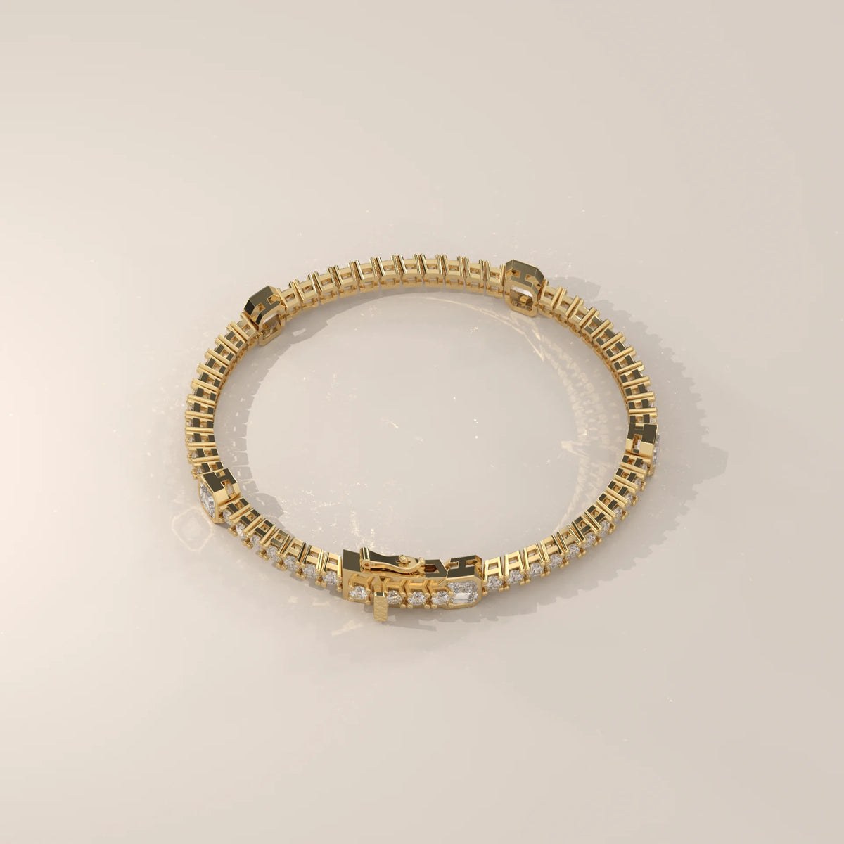 Asscher Station Lab Grown Diamond Tennis Bracelet with Round Line in yellow gold, shown on a plain background.