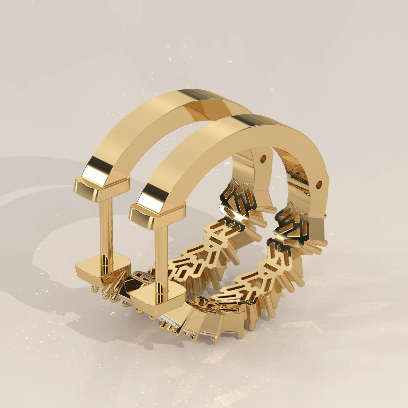 Angle View: Baguette Diamond Hoop Earrings with Cluster Setting in Yellow Gold – Lab Grown – Driona Jewels