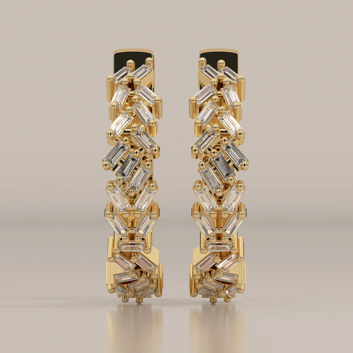 Front View: Baguette Diamond Hoop Earrings with Cluster Setting in Yellow Gold – Lab Grown – Driona Jewels