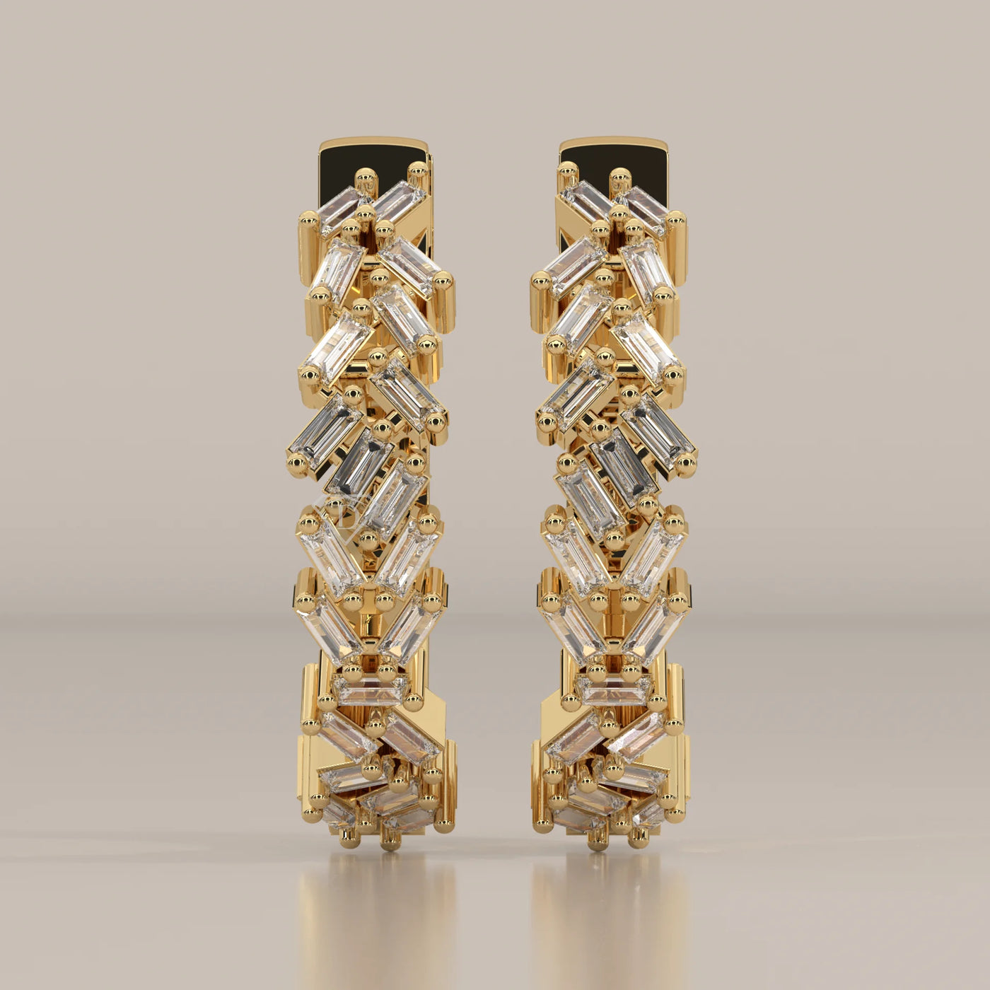 Front View: Baguette Diamond Hoop Earrings with Cluster Setting in Yellow Gold – Lab Grown – Driona Jewels