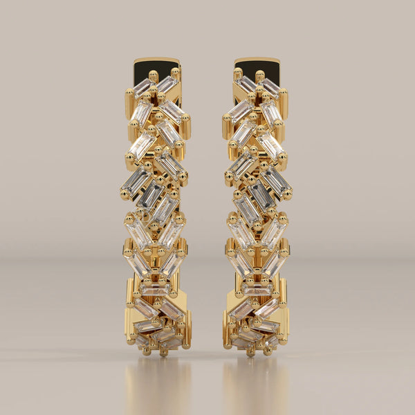 Front View: Baguette Diamond Hoop Earrings with Cluster Setting in Yellow Gold – Lab Grown – Driona Jewels