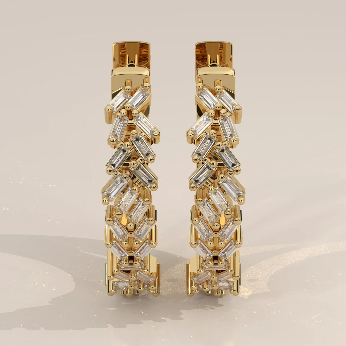 Pair Front View: Baguette Diamond Hoop Earrings with Cluster Setting in Yellow Gold – Lab Grown – Driona Jewels