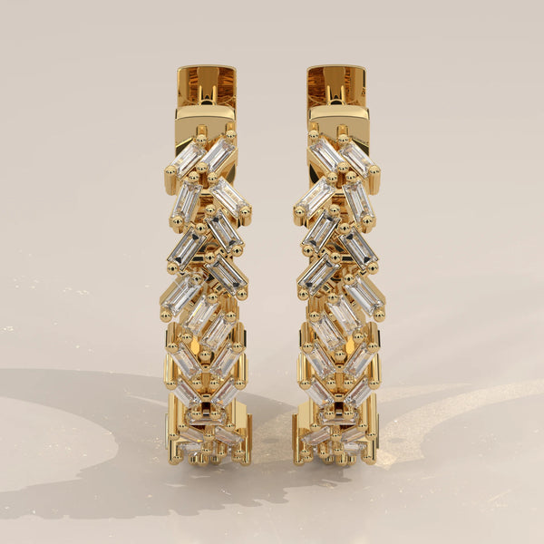 Pair Front View: Baguette Diamond Hoop Earrings with Cluster Setting in Yellow Gold – Lab Grown – Driona Jewels