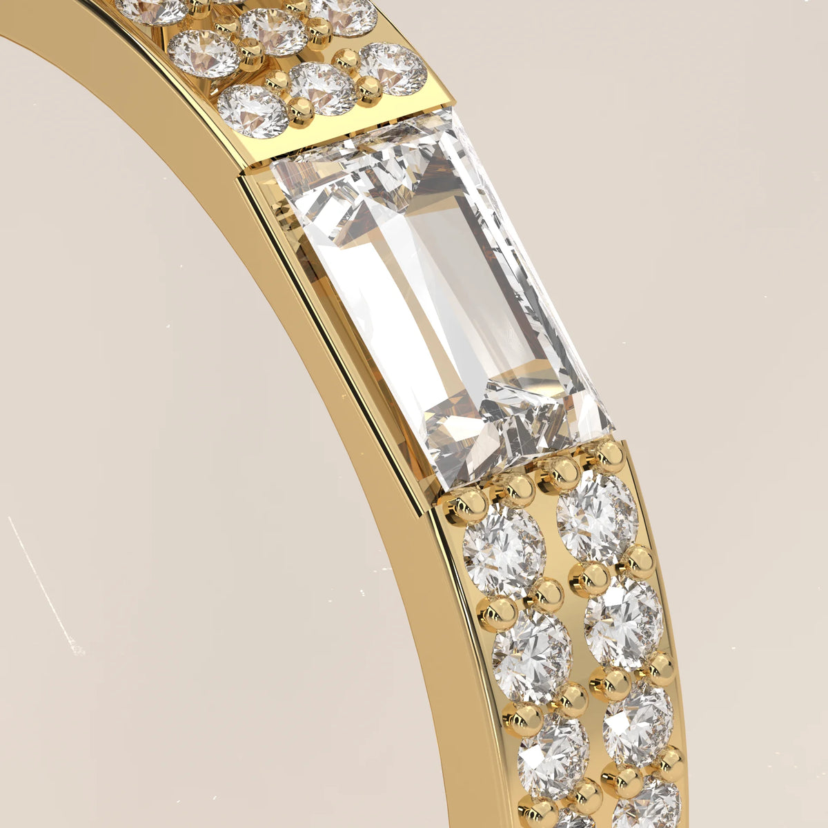 Round Lab Grown Diamond Ring with Baguette Shoulders and Double Pave in yellow gold, product photograph on a plain background.