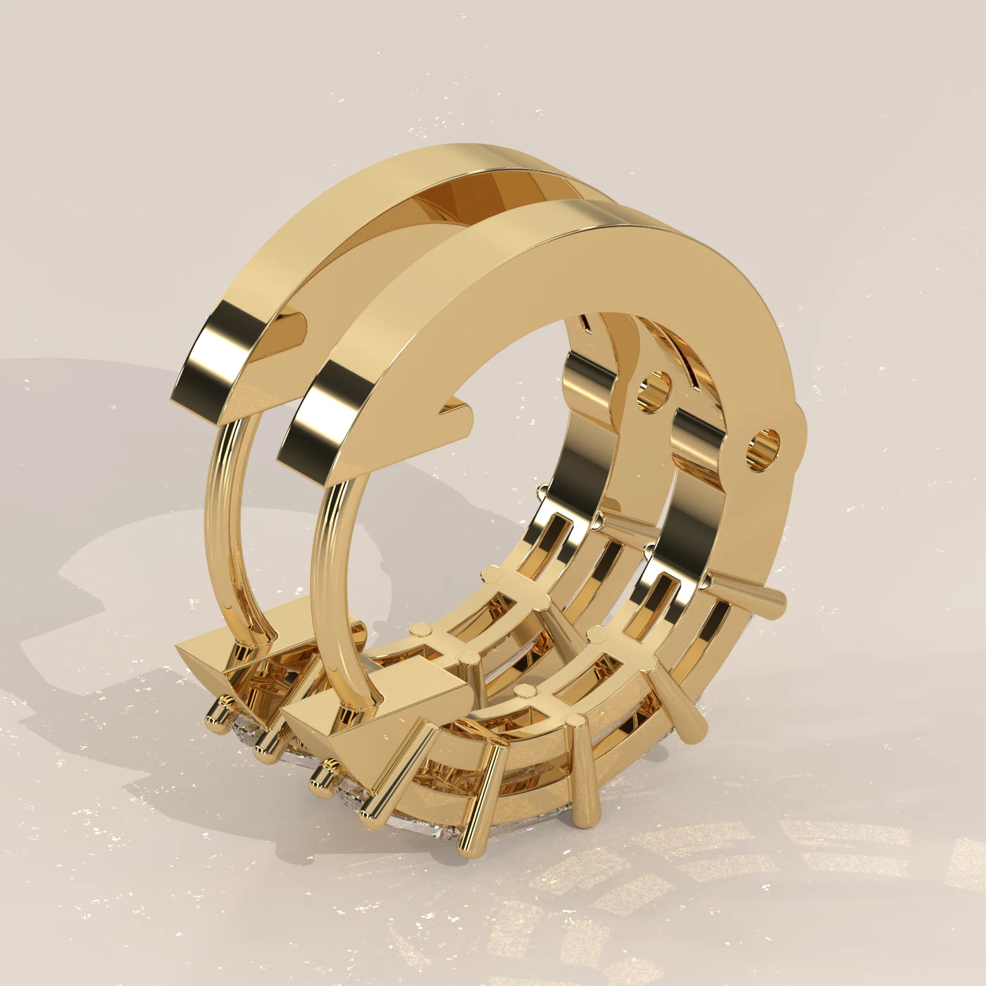 Angle View: Baguette Diamond Huggie Hoop Earrings with Prong Setting in Yellow Gold – Lab Grown – Driona Jewels